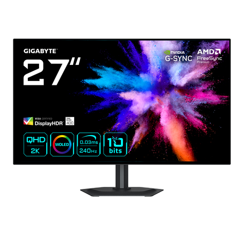 GIGABYTE GO27Q24G Moniteur Gaming OLED 27” 2K QHD - 2560 x 1440, 240Hz, 0.03ms, 275 cd/m², FreeSync Premium, G-Sync Compatible, HDMI 2.1, DisplayPort 1.4